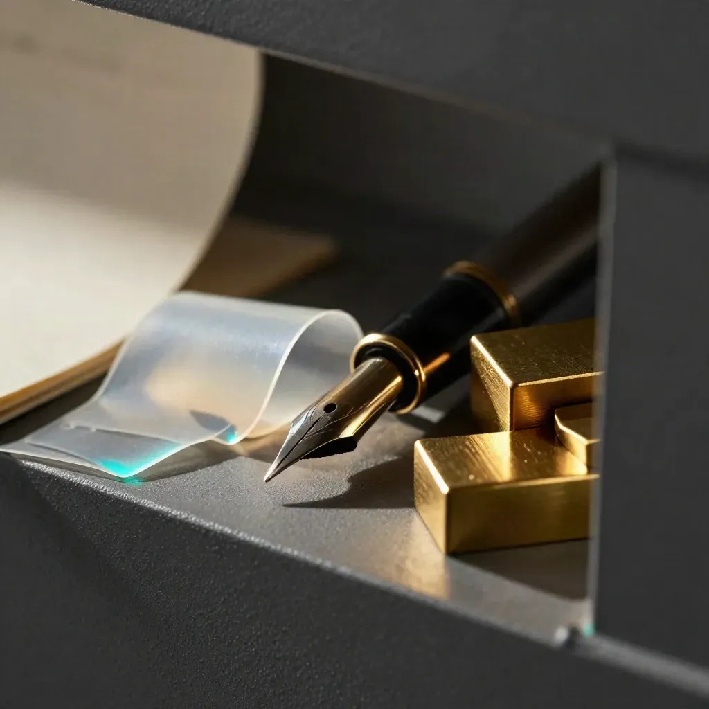 Fountain pen nib, translucent film, and brass punctuation blocks on a dark shelf.