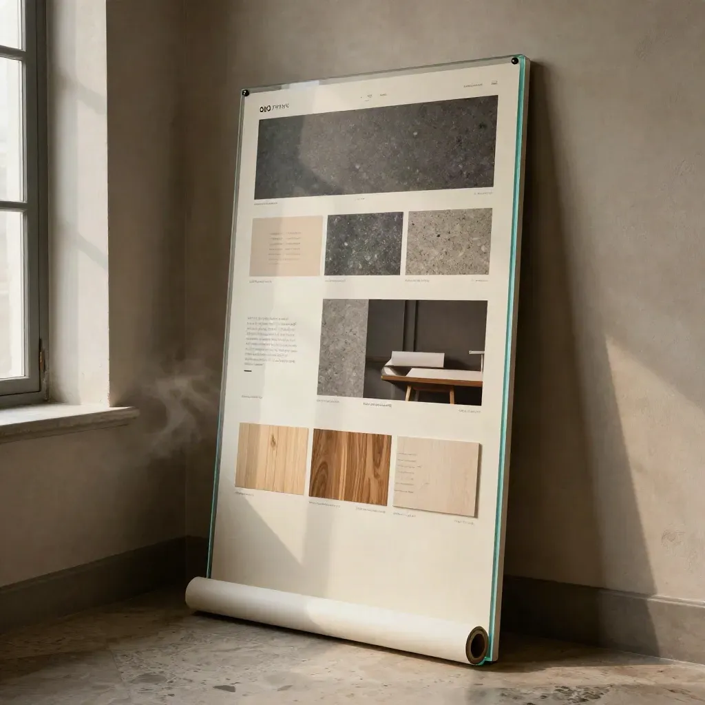 Tall landing page board in a warm studio corner, layered with page sections and a faint cyan glow.