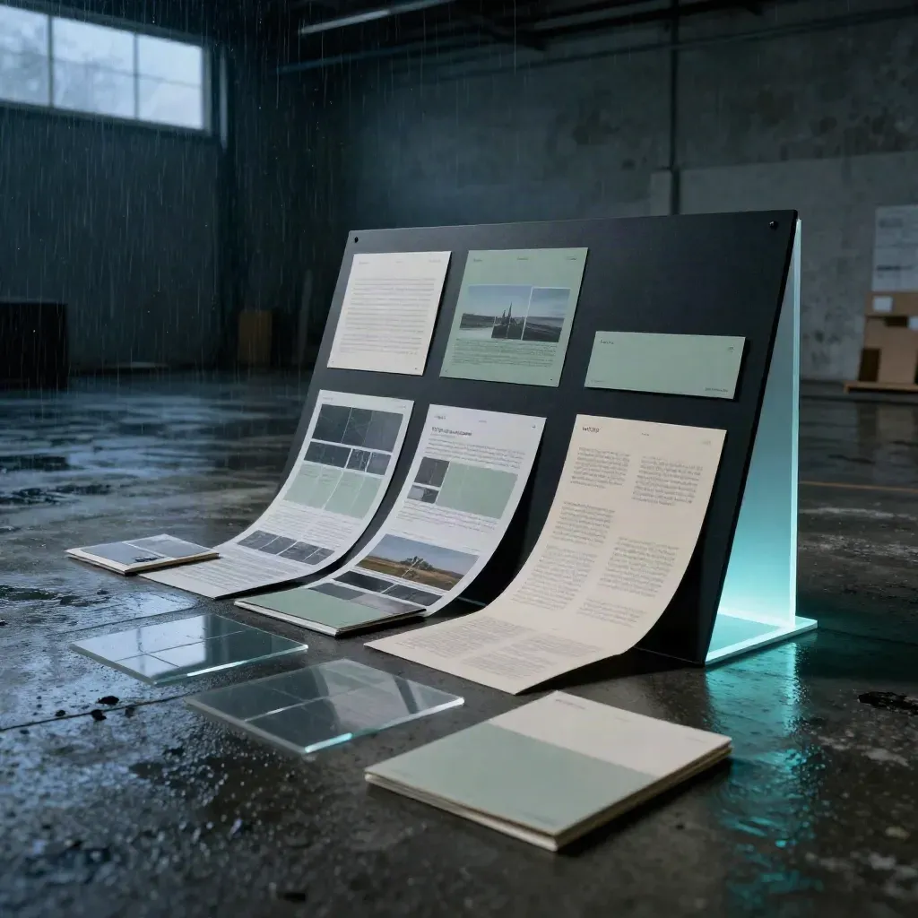 Rain-dark launch studio with boards, mockups and a glowing acrylic monolith in blue-hour haze.