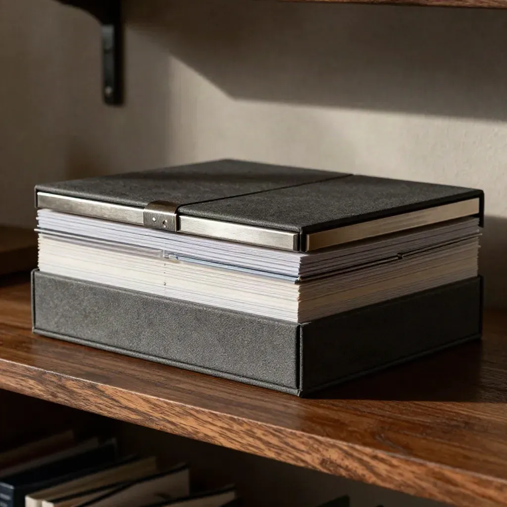 Pitch deck presentation box with slide dividers and a brushed-metal clip on a walnut shelf.