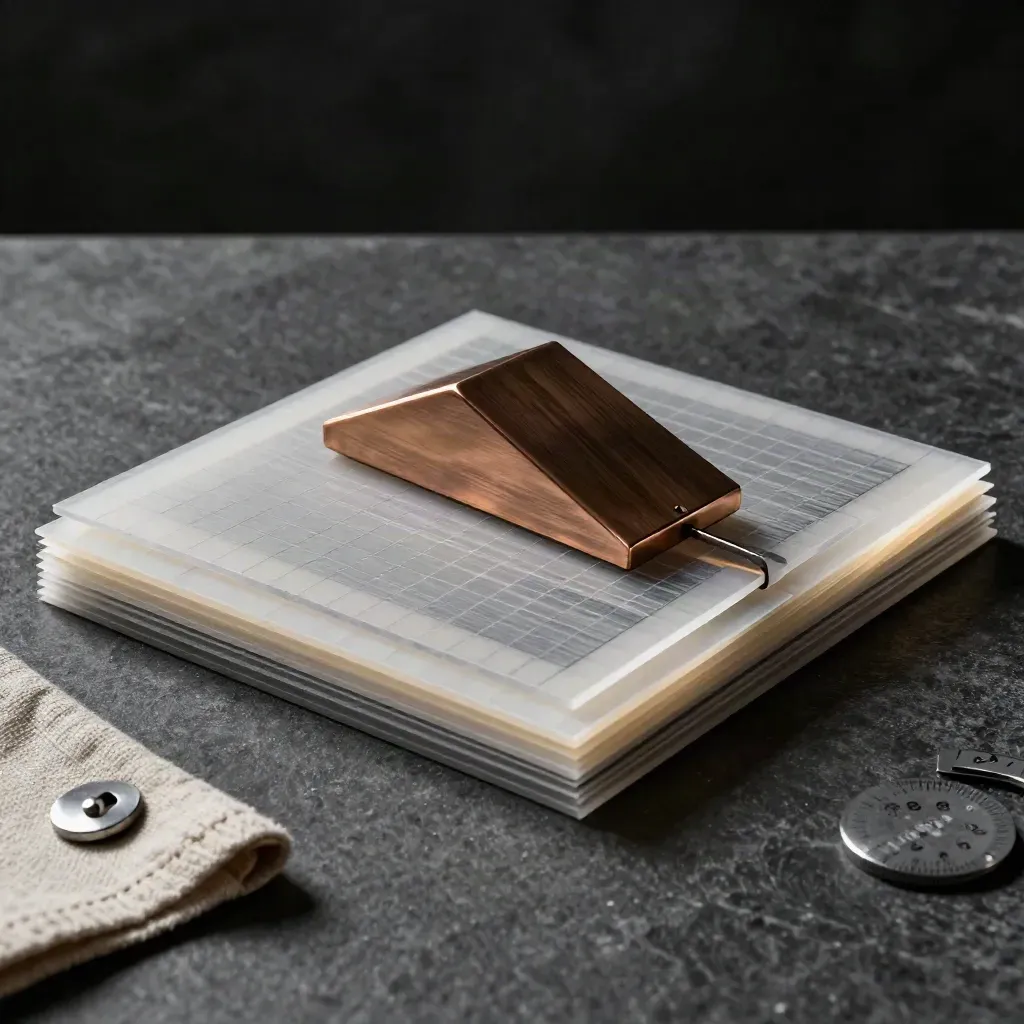 Acetate positioning sheets and proof-point tiles locked by a bronze paperweight on dark stone.