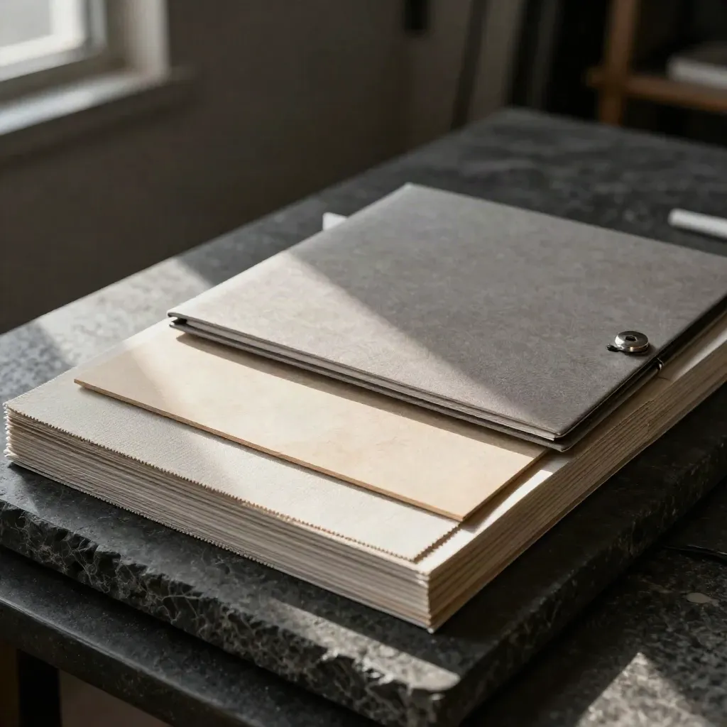 Brand strategy materials stacked on a dark stone plinth with soft studio light.