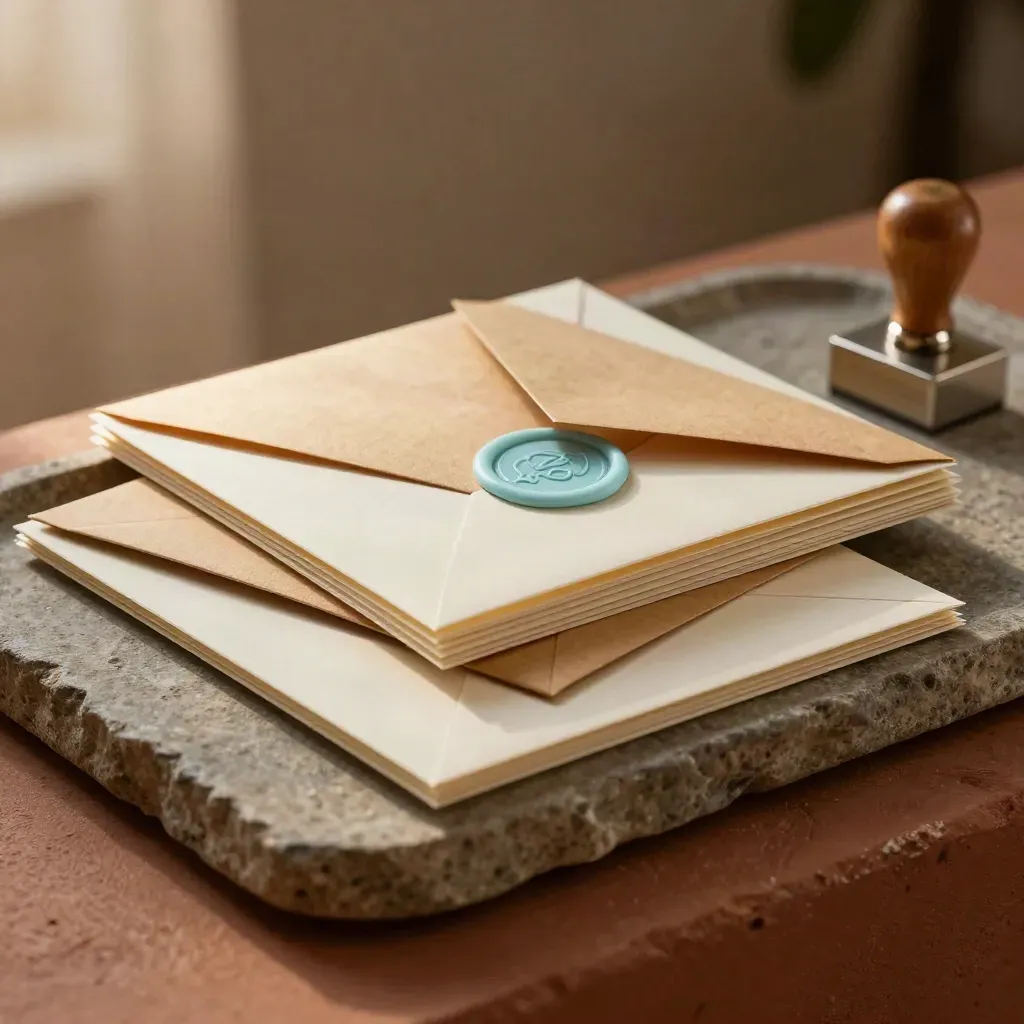 Macro still life of folded mailers, envelope stacks, and a stamp block on stone.