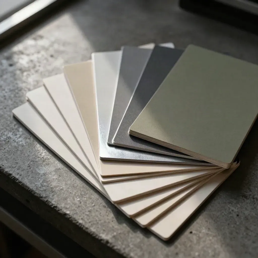 Fan of ad creative cards and color blocks on a dark print bench, lit with crisp highlights.