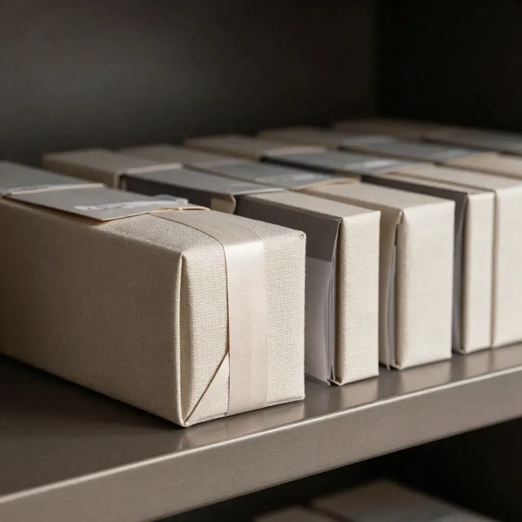 Sealed beta invite kits and launch boxes filling a matte shelf in moody cinematic light