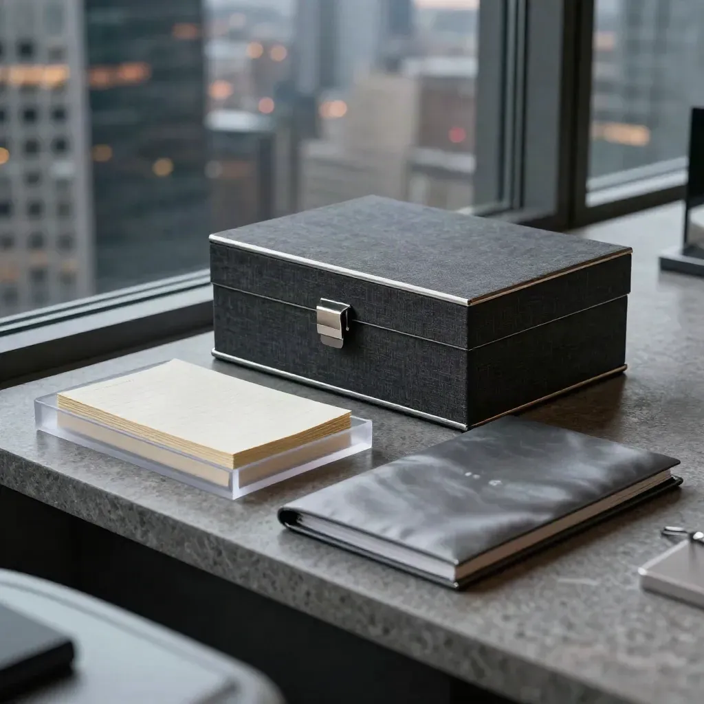 Investor deck box and note cards on a city-view ledge with evening reflections