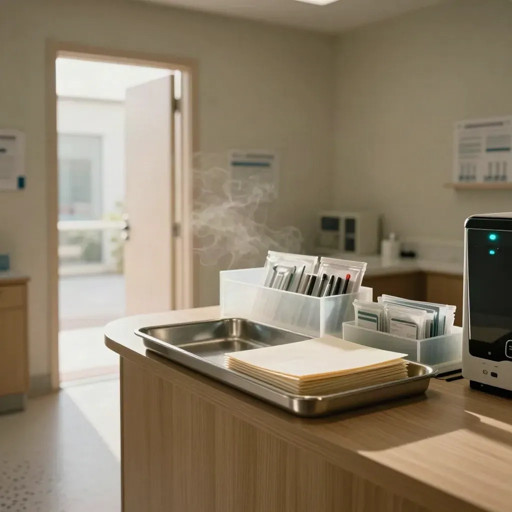 Launch-ready clinic reception with instruments, folders, and daylight through an open doorway.