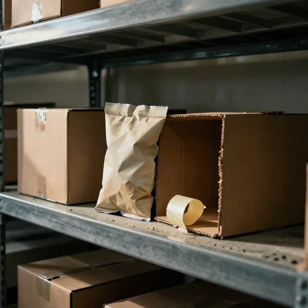 Near-empty stockroom shelf with one snack pouch, collapsed cartons, and torn packing paper in warm dust light