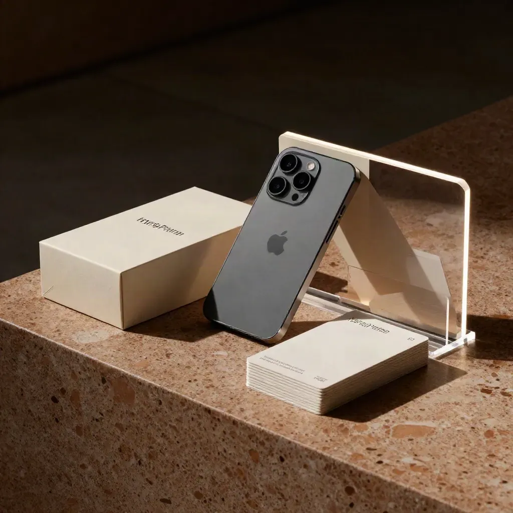 Face-down phone, brand kit boxes, identity cards and acrylic stand on travertine.