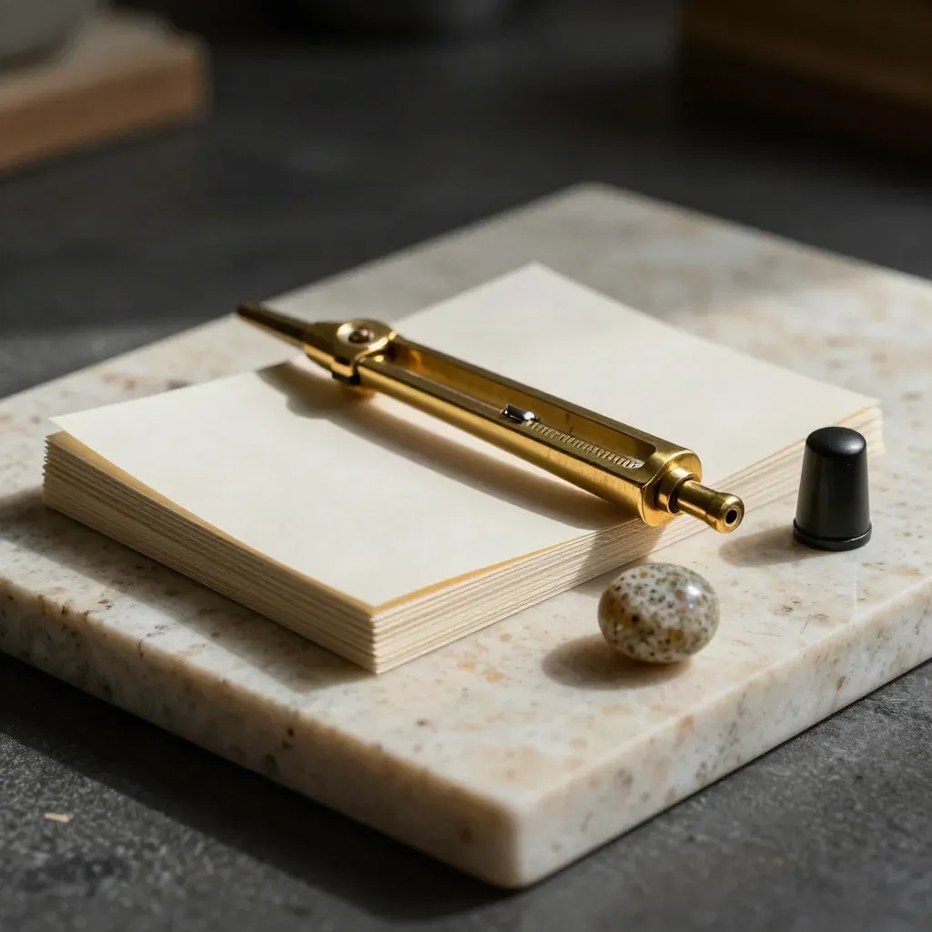 Brass compass, strategy cards, stone paperweight and pen cap on travertine in moody macro light.