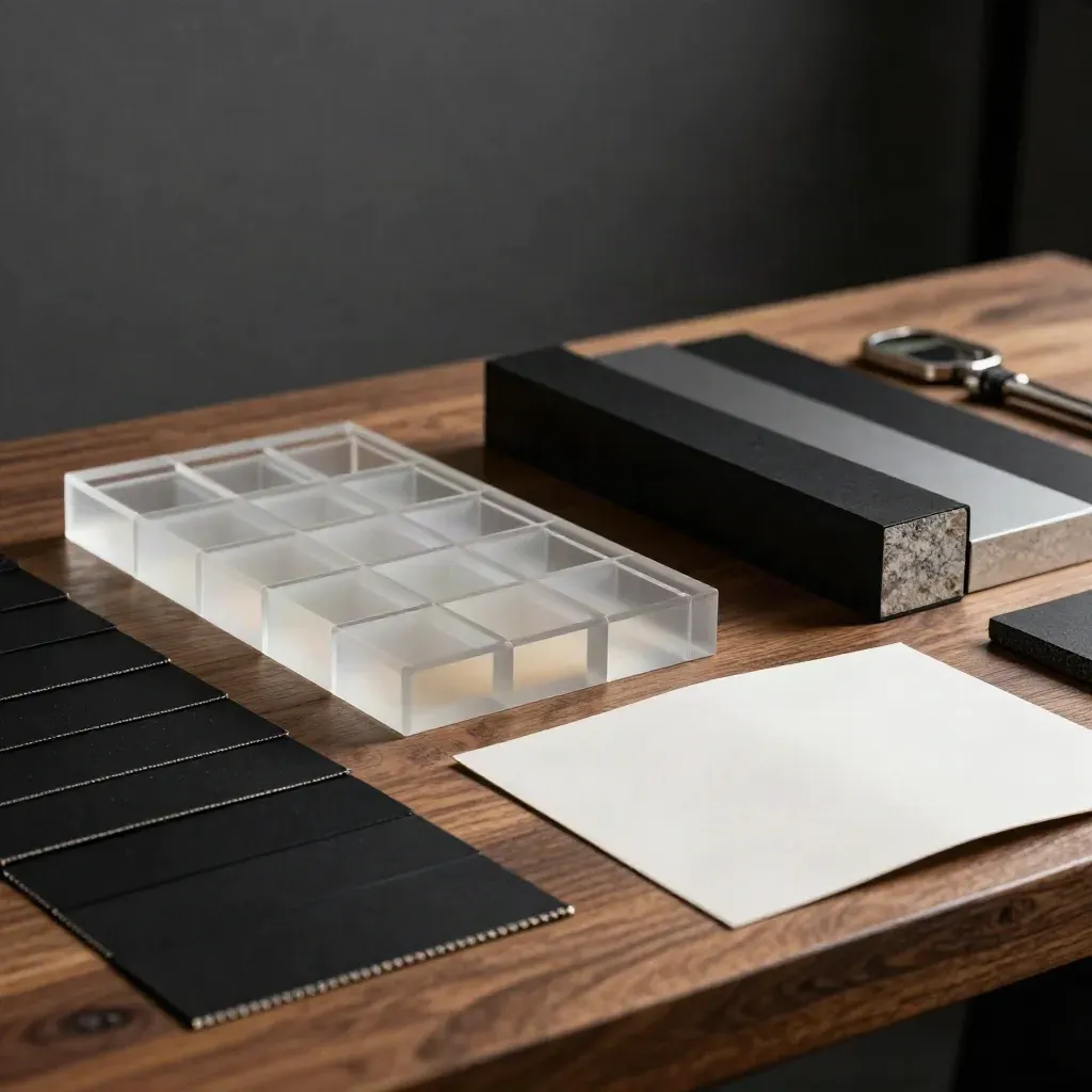 Matte black swatch strips and acrylic grid blocks on a walnut workbench under dramatic studio light.