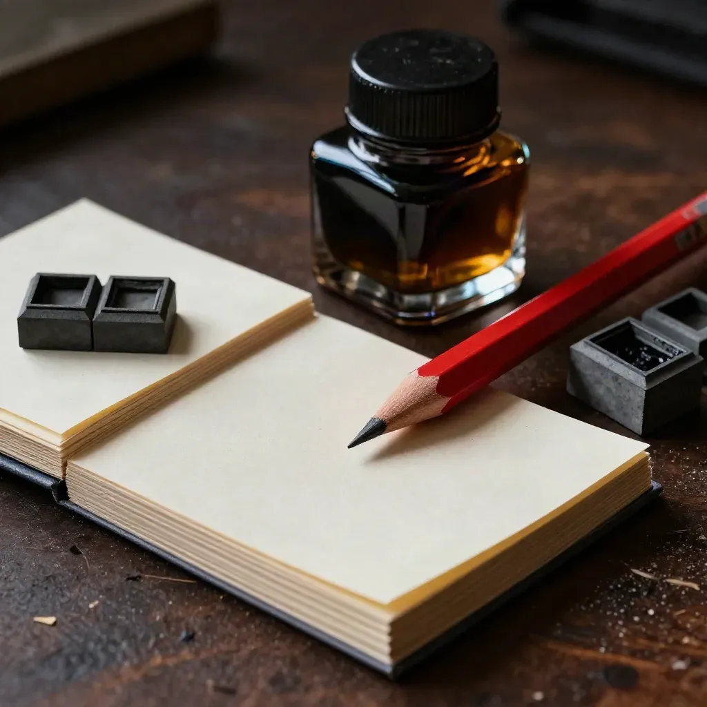 Red pencil, ink bottle, notecards, and type blocks in a moody copy desk close-up.
