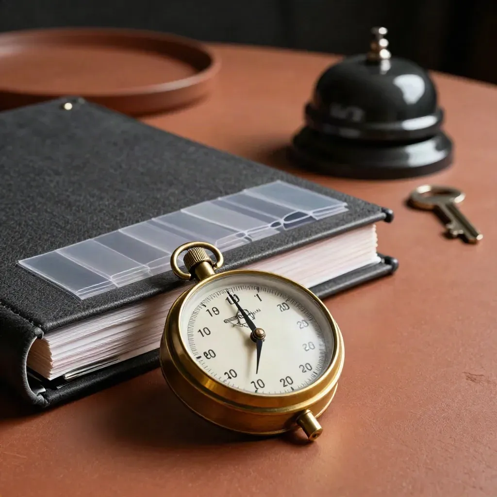 Brass timer, sealed binder, tab dividers, and desk bell on a terracotta credenza.