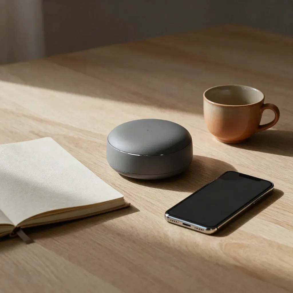 Top-down desk still life with speaker puck, notebook, cup, and face-down phone on pale oak.