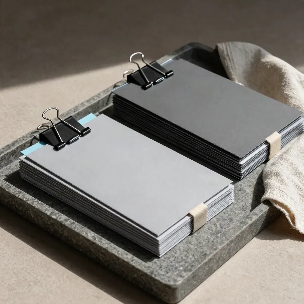 Tray of mockup sleeves, clips, ad tiles, and sealed packets on stone