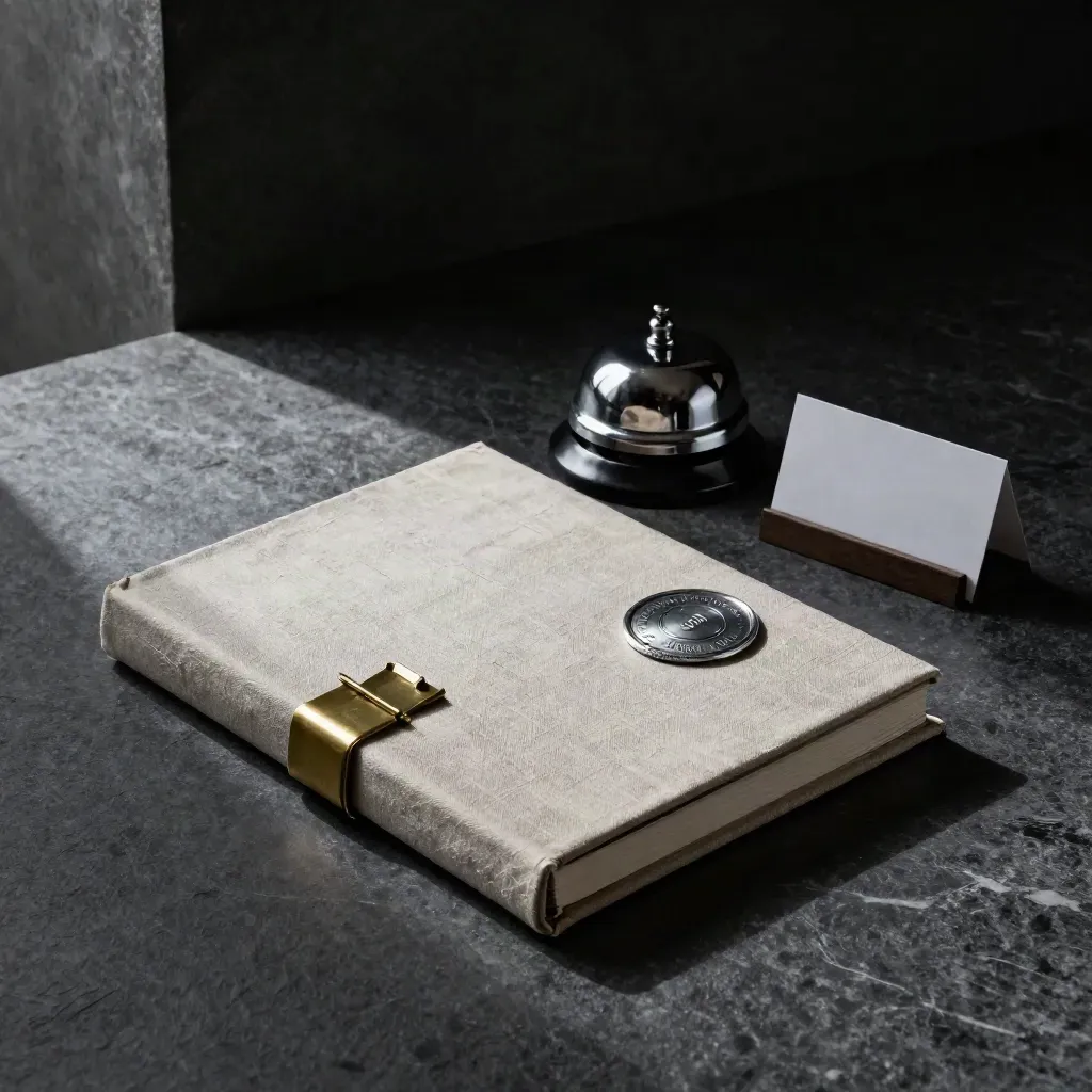 Closed project binder with brass clip, approval seal and desk bell on dark stone