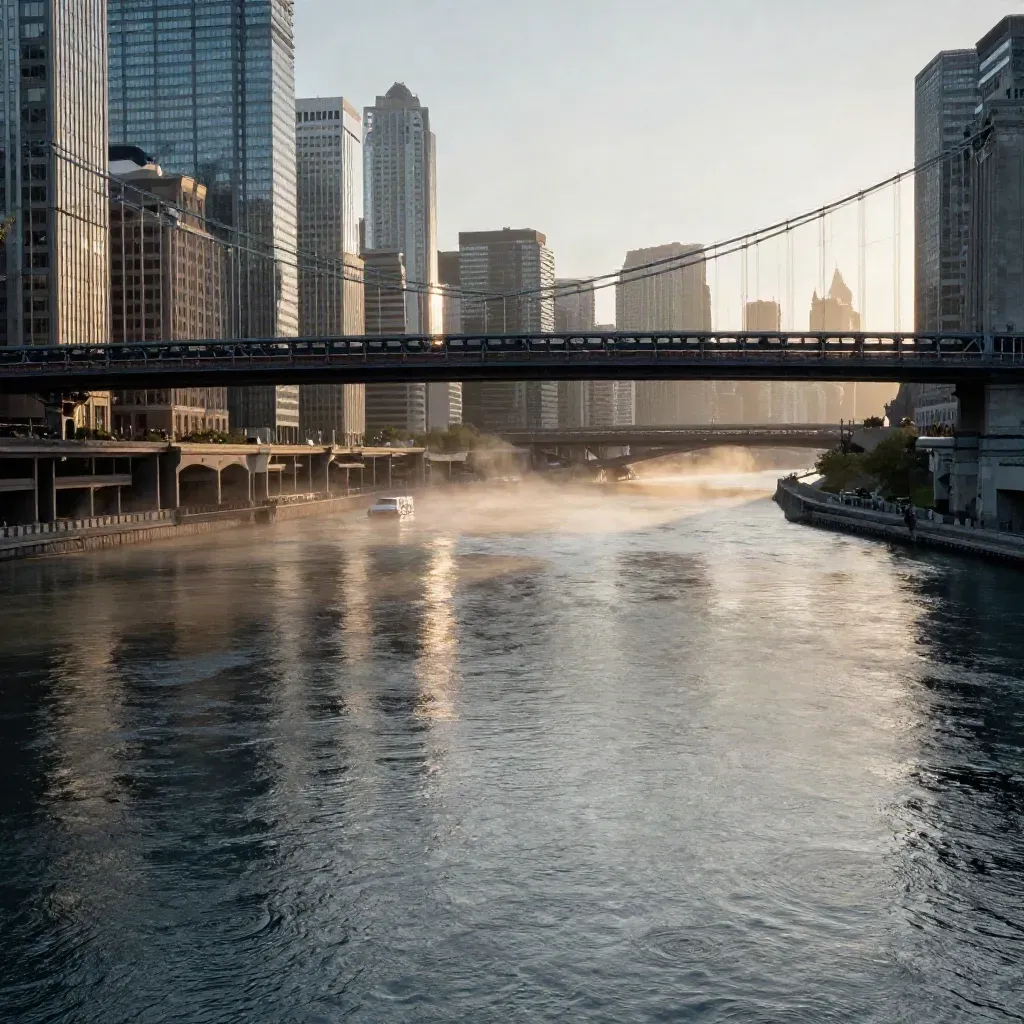 Golden sunrise over a foggy river city with a bridge and calm open water