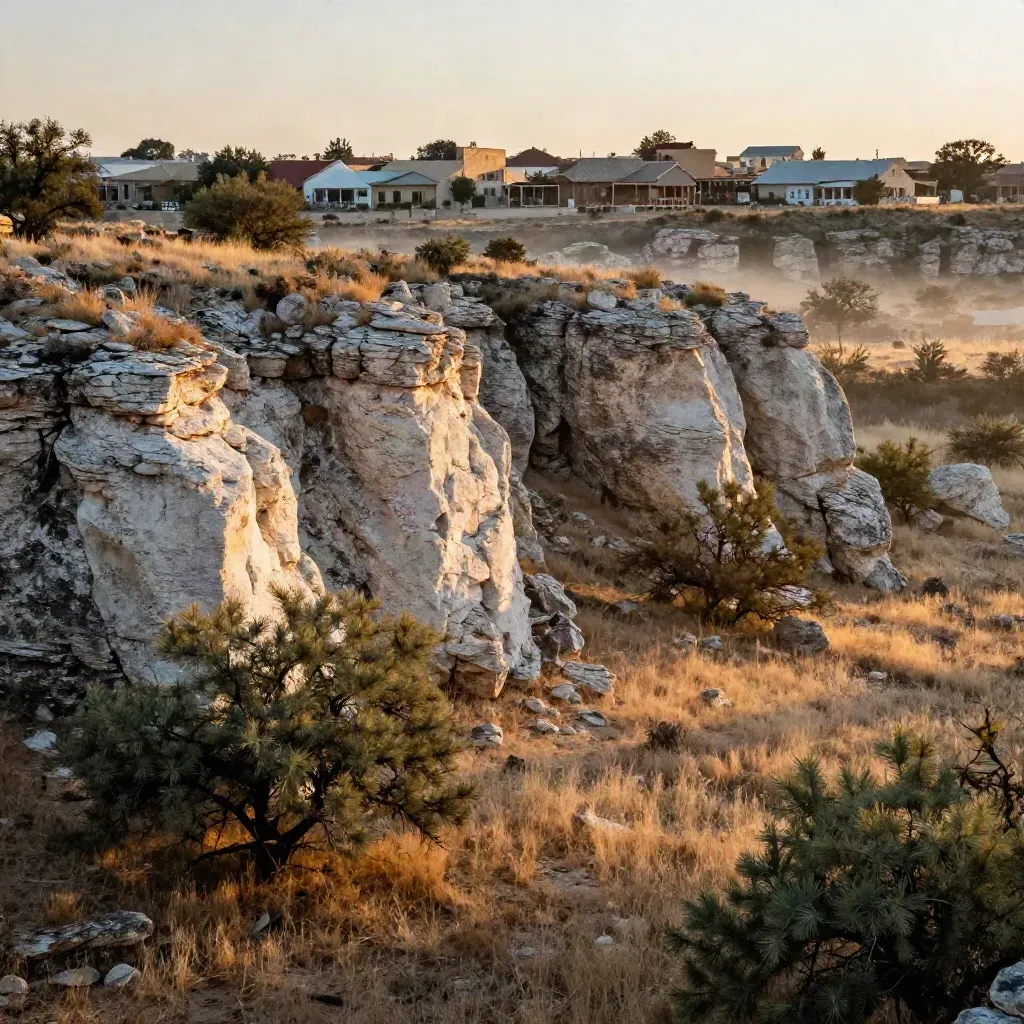Sunrise over Texas Hill Country bluffs with open calm foreground and distant market-town edge