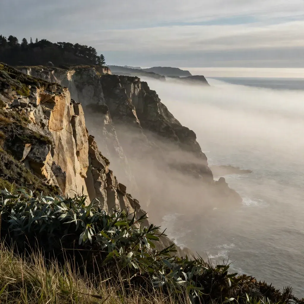 Foggy Pacific cliffs with eucalyptus above a calm misty ocean horizon.