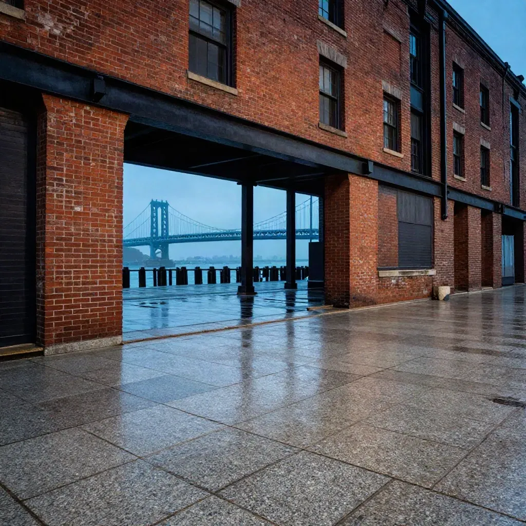 Blue-hour East Coast waterfront with brick warehouses, wet granite, and a bridge silhouette.